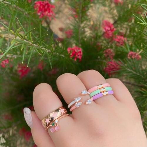 2021 New Arrived Two 5A Tear Drop CZ Open Adjusted Women Finger Band Pastel Enamel Light Blue Purple Fashion Colorful CZ Ring