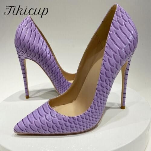 Tikicup Purple Crocodile-Effect Women Embossed Patern Stiletto High Heels Sexy Ladies Party Dress Pumps Shoes Plus Size 33-45