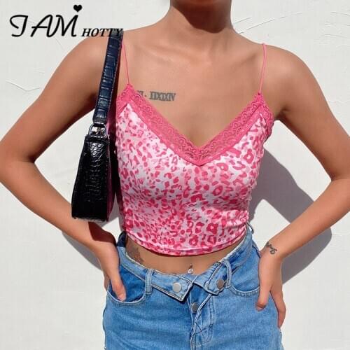 IAMHOTTY Pink Leopard Print Patchwork Lace Crop Top Women V Neck Sexy Backless Harajuku Camis Tops Femme Cute Korean Top Summer