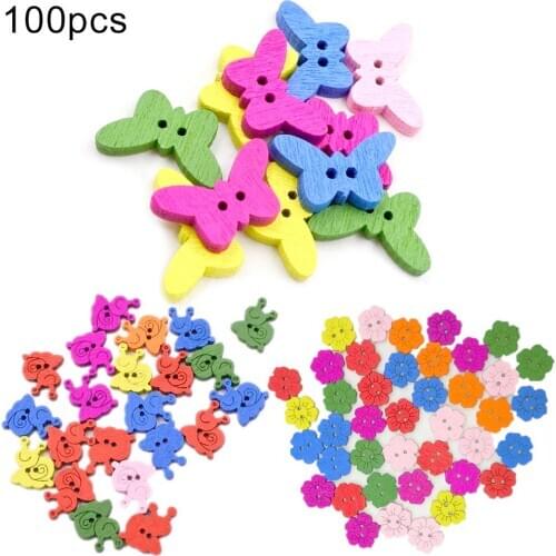 100Pcs Sunflower Butterfly Bowknot 2 Holes Wooden Button Sewing Accessories