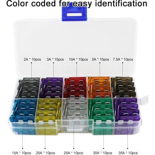 100pcs/lot Car Standard Blade Fuses for Car Motorcycle Boat Truck Assortment with 2A 3A 5A 7.5A 10A 15A 20A 25A 30A 35A Fuses