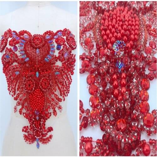 37*37cm handmade crystal patches sew on red rhinestones applique on mesh for dress accessories
