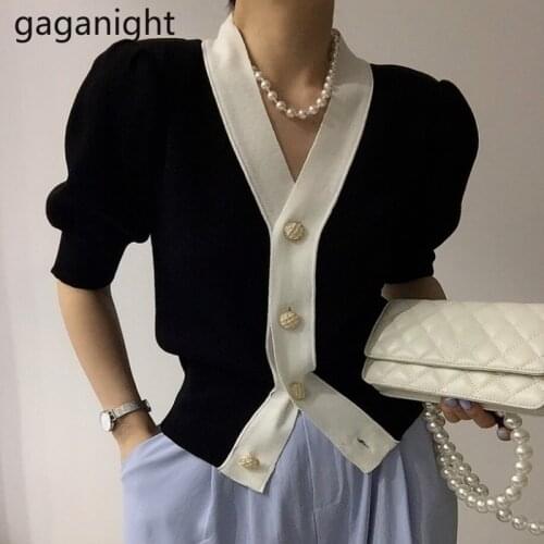 Gaganight Summer Women Short Sleeve Knitted Cardigans Fashion Solid V Neck Thin Sweaters Slim Ladies Buttons Crop Top Ropa Mujer