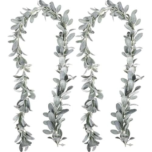 2 Pcs Artificial Flocked Lambs Ear Garland - 6Ft/Piece Soft Faux Vine Greenery and Leaves for Framhouse Mantle Decor