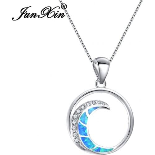 JUNXIN Unique Hollow Round Moon Pendant Women Blue Fire Opal Necklace Silver Color Zircon Jewelry Accessories