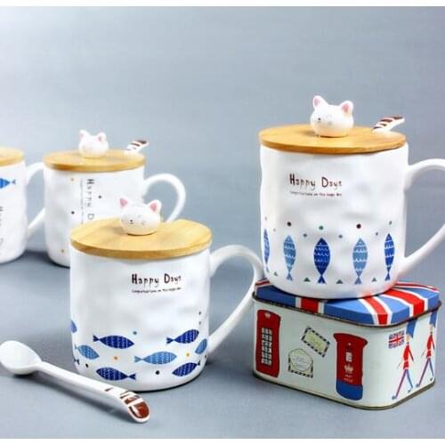 Ceramic Cup Japanese Zakka Creative Cat and Fish Cartoon Cup with Cover Spoon Breakfast Milk Cup Mug