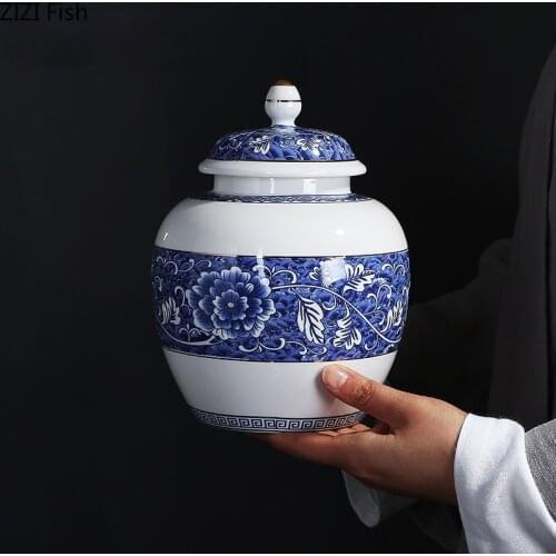 Creative Blue and White Porcelain Sealed Storage Jar Candy Nut Tea Caddy Large Capacity Ceramic Storage Jar Container Home Decor
