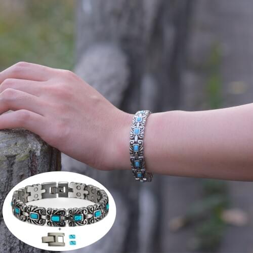 Magnetic Bracelet for Women Blue Stone Vintage Flower Steel Magnetic Bracelet Benefits Arthritis Health Energy Bracelet Femme