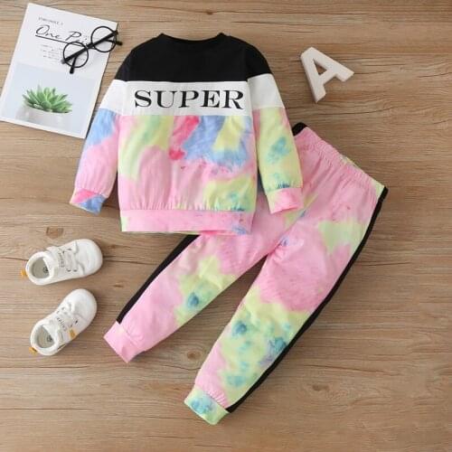Fashion Toddler Girl Clothes 2 Pcs Set Letter Patchwork Tie Dye Long Sleeve Sweater Tops+trousers Sport Baby Girl Clothes 1-5Y