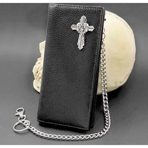 Cross Biker Men Real Leather Card Money Wallet with Anti Lose Key Chain