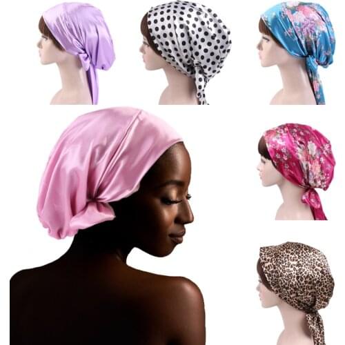 Soft Silk Women Night Sleep Shower Cap Adjustable Ladies Long Hair Care Bonnet Headwrap Hat Durag Soft Satin Hats Accessories