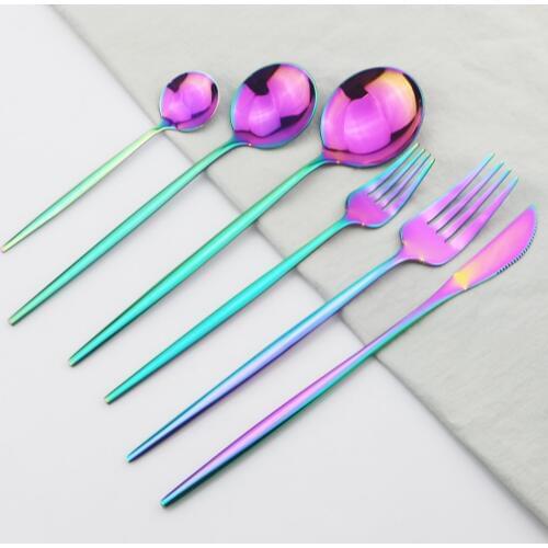 Rainbow Cutlery Set 18/10 Stainless Steel Dinnerware Set Knife Dessert Fork Dessert Spoon Dinner Set Kitchen Party Tableware Set