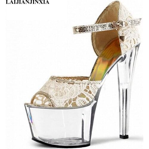 LAIJIANJINXIA New 17Cm Transparent Wedding Sandals Clear Heels High Sandalias Plataforma Mujer White Sandal Open Toe Shoes