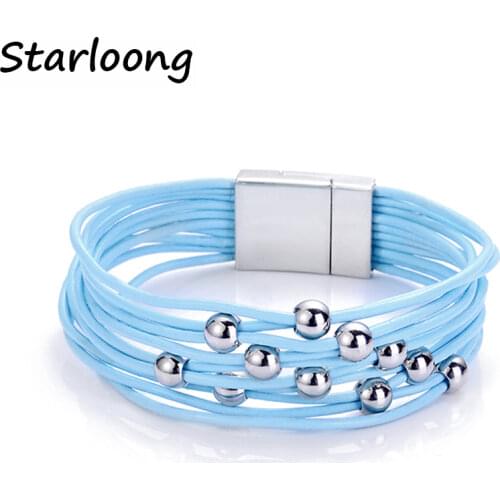 New trendy ccb beads multi-layer multicolor geniune leather cord magnetic clasp bracelets bangles for women and men