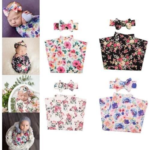 2 Pcs Newborn Baby Receiving Blanket Bowknot Headband Set Infant Print Swaddle P31B