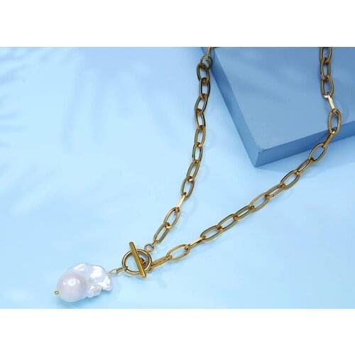 Natural Baroque Pearl Necklaces Stainless Steel Chain Toggle Necklace Gold/Silver Color Metal Heavy Duty Chain Choker Collier