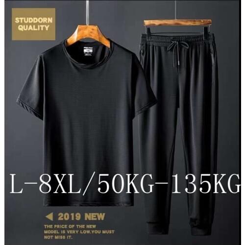 Casual mens T-shirt suit black Mesh breathable fabric sport suit men Ankle-Length Pants jogger Sweatpants fitness plus-SIZE