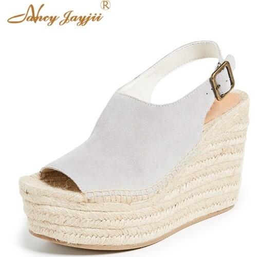 Grey 2019 Summer Famous Brand Wedges Sandals Ladies Shoes Woman Platform Ankle Strap Shoes Casual Dress Size 11Peep Toe Covered