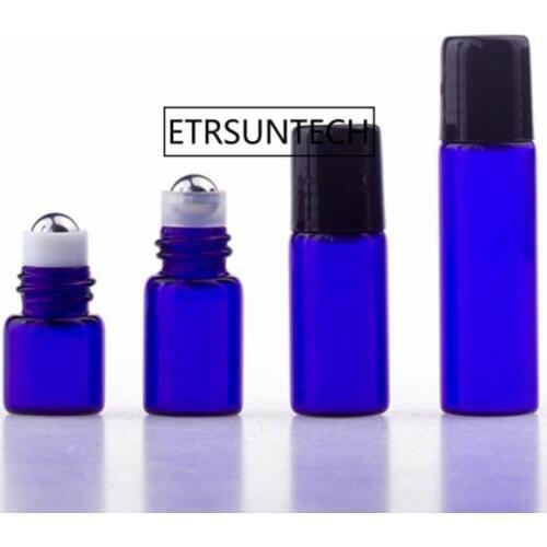 1ml 2ml 3ml Glass Roll On bottles Blue Empty Essential Oil Bottle Black Lids Mini sample vials Metal Roller Ball F2085