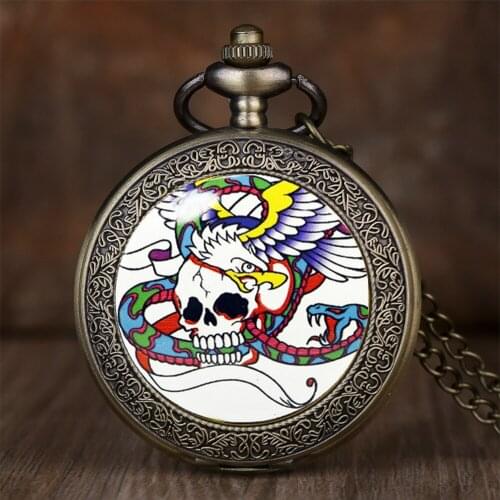 Vintage Cool Skull Phoenix Pattern Quartz Pocket Watch with chain men Necklace Pendant Uhren for Men Women Gift for men PB610