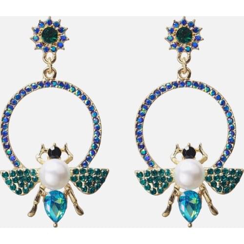 Luxury Bee Pearl Crystal Drop Earrings Charm Multicolor Rhinestone Statement Hanging Dangle Earrings Women Wedding Ear Jewelry