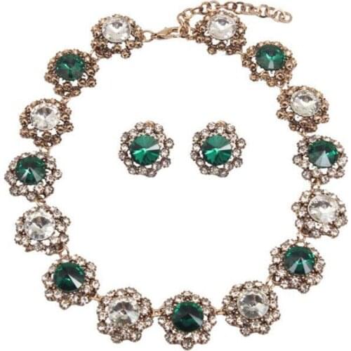 Vintage Gem Crystal Shiny Jewelry Set Wedding Statement Jewelry For Women Bohemian Luxury Collar Choker Necklaces Earring Bridal