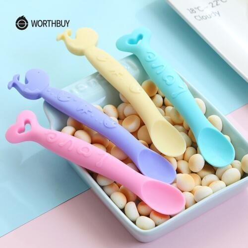 WORTHBUY 2 Pcs/Set Cartoon Kids Spoon Set Food Grade Silicone Feeding Spoon For Children Baby Food Spoon Kitchen Accessories