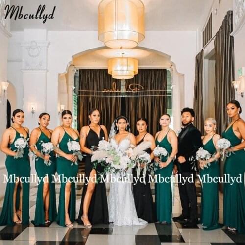 Green Mermaid Cheap Bridesmaid Dresses Long Black Girl Side Slit V Neck Plus Size Wedding Party Gowns Guest Dress