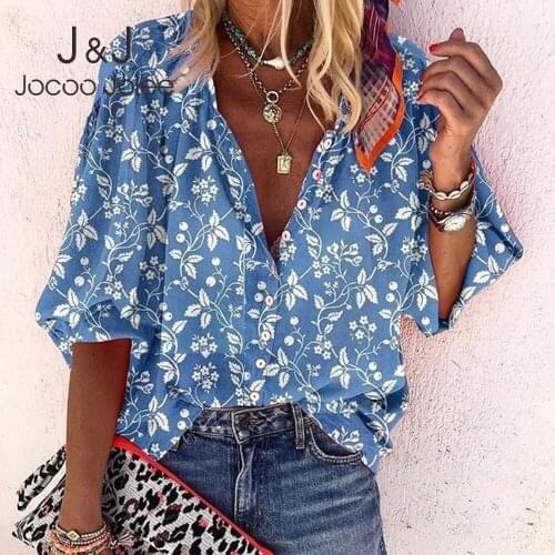Jocoo Jolee Women Oversized Blouse Turn Down Collor Printing Buttons Long Sleeve Spring Autumn Loose Casual Basic T-Shirts