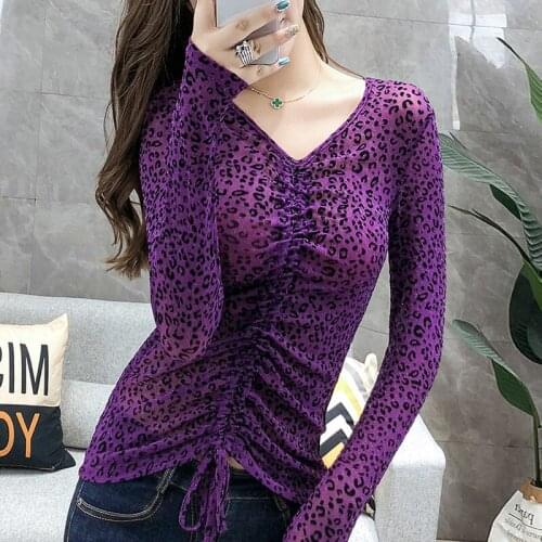 2020 Spring Women Leopard Print T-shirt Sexy V-Neck Long sleeve T shirt Female Fashion Lace up Loose Tees Tops Plus Size Tshirt