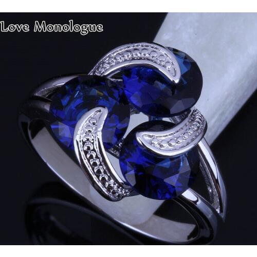 Love Monologue Unique Design 3 particles Blue Crystal Jewelry Silver Color Womens Ring H0095 Fast Shipping