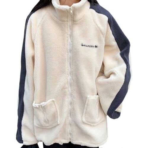 Winter Casual Korean Women Clothes Lamb Wool High Collar Zipper Coat Stitching Color Harajuku Pocket Sweatshirt Pullover Female