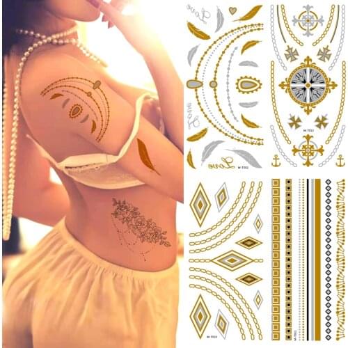 1 Sheet Lace Gold Stamping Tattoo Sticker Hands Art Chains Gold Metallic Temporary Tattoo Lace Henna Flower Gold Metallic Tatto