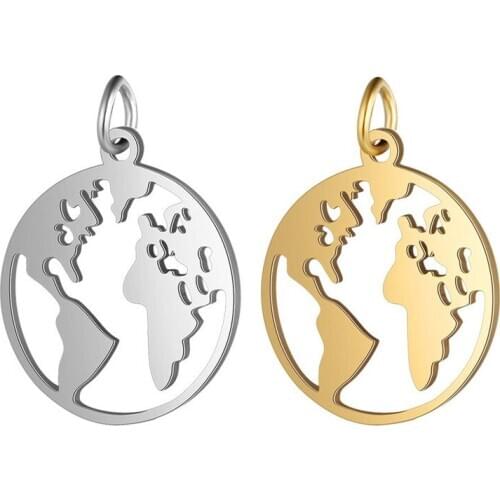 5PCS/lot Stainless Steel Round Coin Tag World Map Charms Pendants For Jewelry Makings DIY Necklaces Charm Handmade Accessories