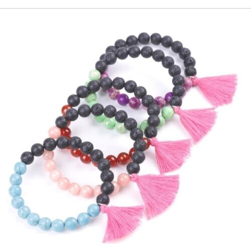 8mm Imperial Chakras Beads Bracelet Pink Tassels Charms Black Lava stone DIY Essential Oil Diffuser Bracelet Women Jewelry