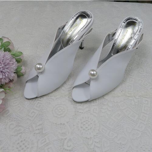 BaoYaFang White Beads Pearl women wedding shoes Bride High heels shoes ladies party dress shoes woman Open Toe SlingBacks