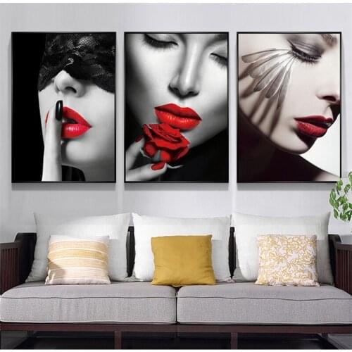 Black and Red Canvas Prints Red Lip Sexy Woman Posters and Prints Frameless Wall Art Modern Fashion Paintings