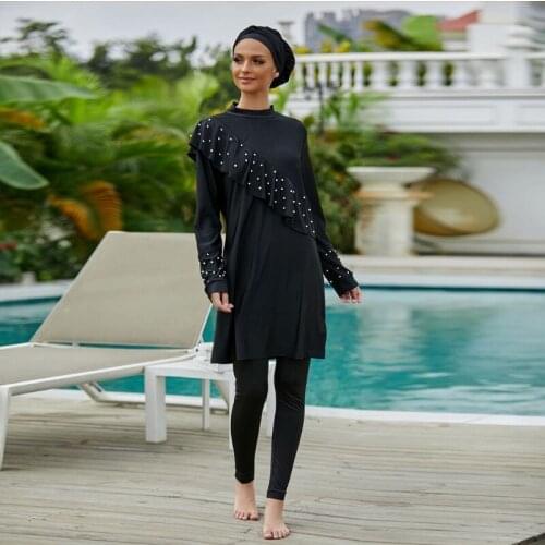Black Muslim Swimwear Burkini with Bra Padding Long Sleeves Sport Swimsuit Wear Bathing Suit Three-Piece Swimsuit Dropship