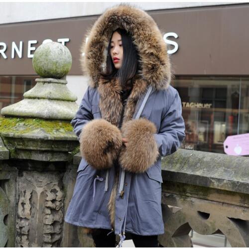 CX-G-P-21B Women Warm Fur Parka Large Raccoon Fur Collar Rabbit Fur Lining Fur Cuff Coat Parkas Outwear Winter