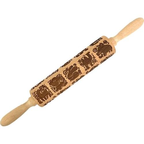 Wooden Rolling Pin Embossing Baking Cookies Noodle Biscuit Fondant Cake Dough Animal Pattern Rolling Pin Baking Accessories