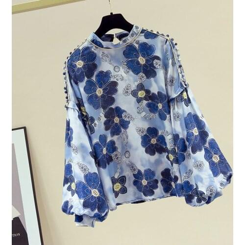 Wild Vintage Floral Print Blouse Women Long Sleeve Stand-Neck Chic Blouse Shirt 2021New Boho Blouses Shirts A120
