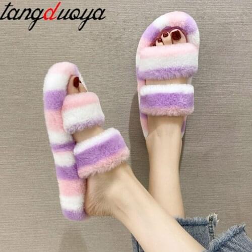 Indoor Women Fur Slippers Fluffy Soft Furry Slides Thick Flats Heel Non Slip House Shoes Ladies Luxury Design Footwear Whosale