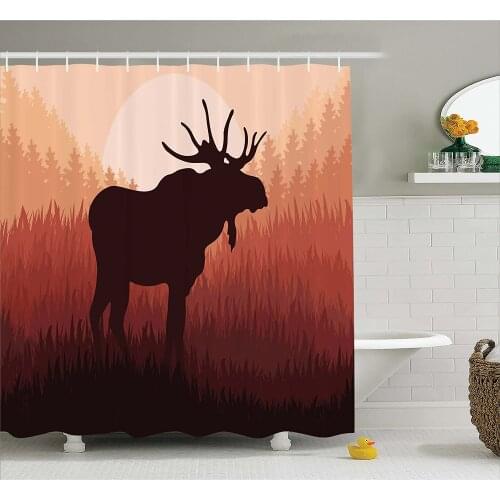 Moose Shower Curtain Antlers in Wild Alaska Forest Rusty Abstract Landscape Deer Theme Woods Bath Curtains for Bathroom Decor