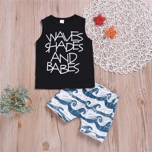 Emmababy Sleeveless Cotton Round Neck Vest Waves Shorts Pants Summer Costume Clothing Outfit 2PCs Toddler Baby Boy Clothes Set