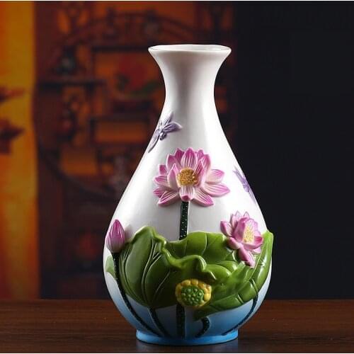 Classical Chinese Ceramic Lotus Flower Vase Porcelain Dragonfly Pitcher Gift Craft Ornament for Room Decor and Art Collection