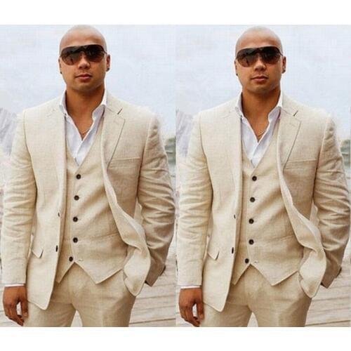Custom Linen Summer Beach Wedding Groom Tuxedo Slim Fit Men Suits Handsome Best Man Blazers 3pcs Jacket Pant Vest Groomsmen Prom