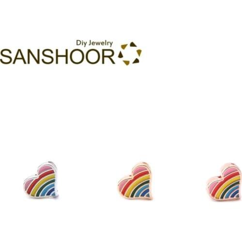 SANSHOOR Rainbow Heart Keeper Slide Charms Fit 8mm Wide Wrap Leather Mesh Bracelet For Toddler Childs Women Christmas Gifts 6pcs