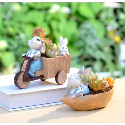 Creative Cartoon Trumpet Cute Rabbit Flower Pot Fairy Garden Animal Bunny Miniature Figurines Resin Crafts Kawaii Home Decor