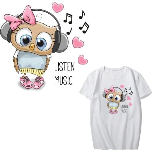 Cartoon Music Owl Patch Iron on Transfer Heart Patches for Kids Girl Clothing DIY T-shirt Heat Transfer Vinyl Stickers Applique