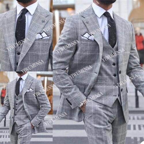 YIWUMENSA Grey Business Mens Suits Formal Party Blazer Masculino Plaid Jacket+Vest+Pants Slim Fit Tailor-Made Smoking Tuxedos